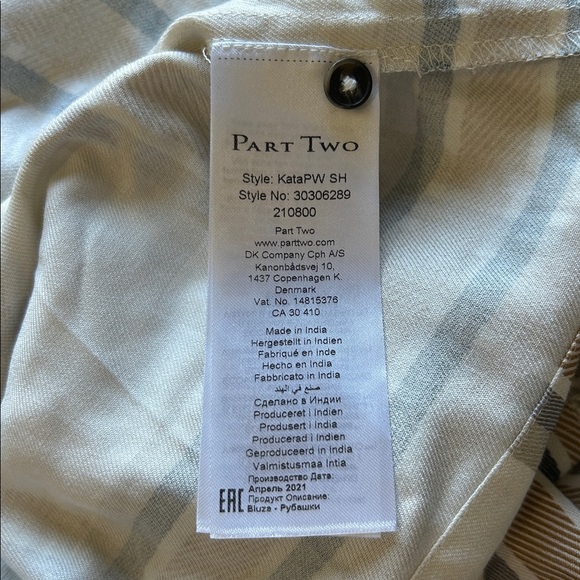Part Two Kata Shirt Neutral Check Button Down Top Flannel Cream Sz 34 US S NEW - Picture 12 of 14